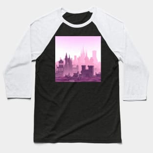 Synthwave Medieval City Landscape With a Purple and Pink Skyline Baseball T-Shirt